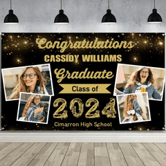 2024 Gold Sketch 4 Photo Collage Graduation Party Banner - OLESA