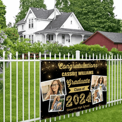 2024 Gold Sketch 4 Photo Collage Graduation Party Banner - OLESA