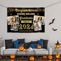 2024 Gold Sketch 4 Photo Collage Graduation Party Banner - OLESA
