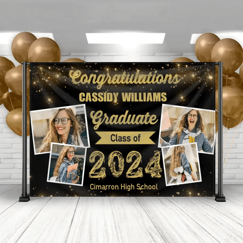 2024 Gold Sketch 4 Photo Collage Graduation Party Banner - OLESA