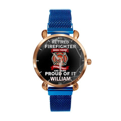A personalized watch with a retired firefighter theme. Customize it with your name. It's the perfect gift for firefighters. - OLESA