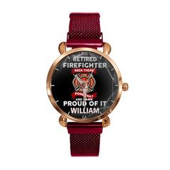 A personalized watch with a retired firefighter theme. Customize it with your name. It's the perfect gift for firefighters. - OLESA