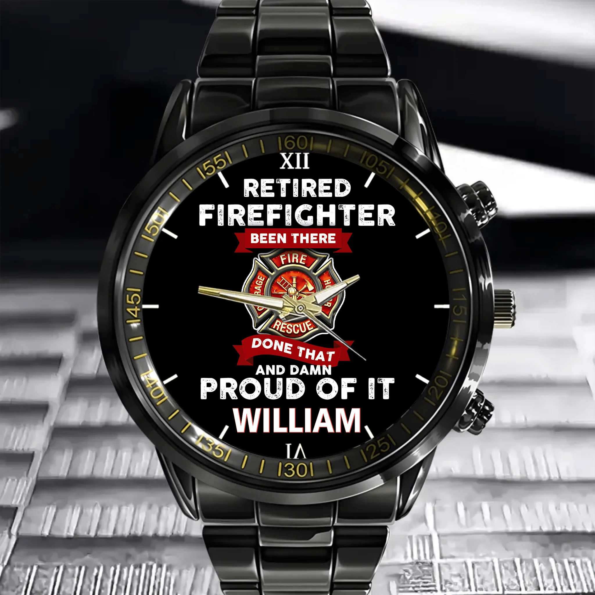 A personalized watch with a retired firefighter theme. Customize it with your name. It's the perfect gift for firefighters. - OLESA