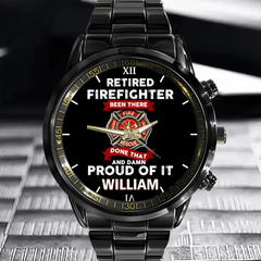 A personalized watch with a retired firefighter theme. Customize it with your name. It's the perfect gift for firefighters. - OLESA