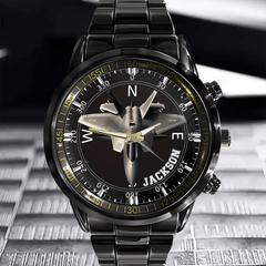 Adventurer’s Custom Name Watch: Fighter Jet & Compass Design - OLESA