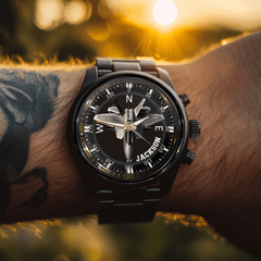 Adventurer’s Custom Name Watch: Fighter Jet & Compass Design - OLESA