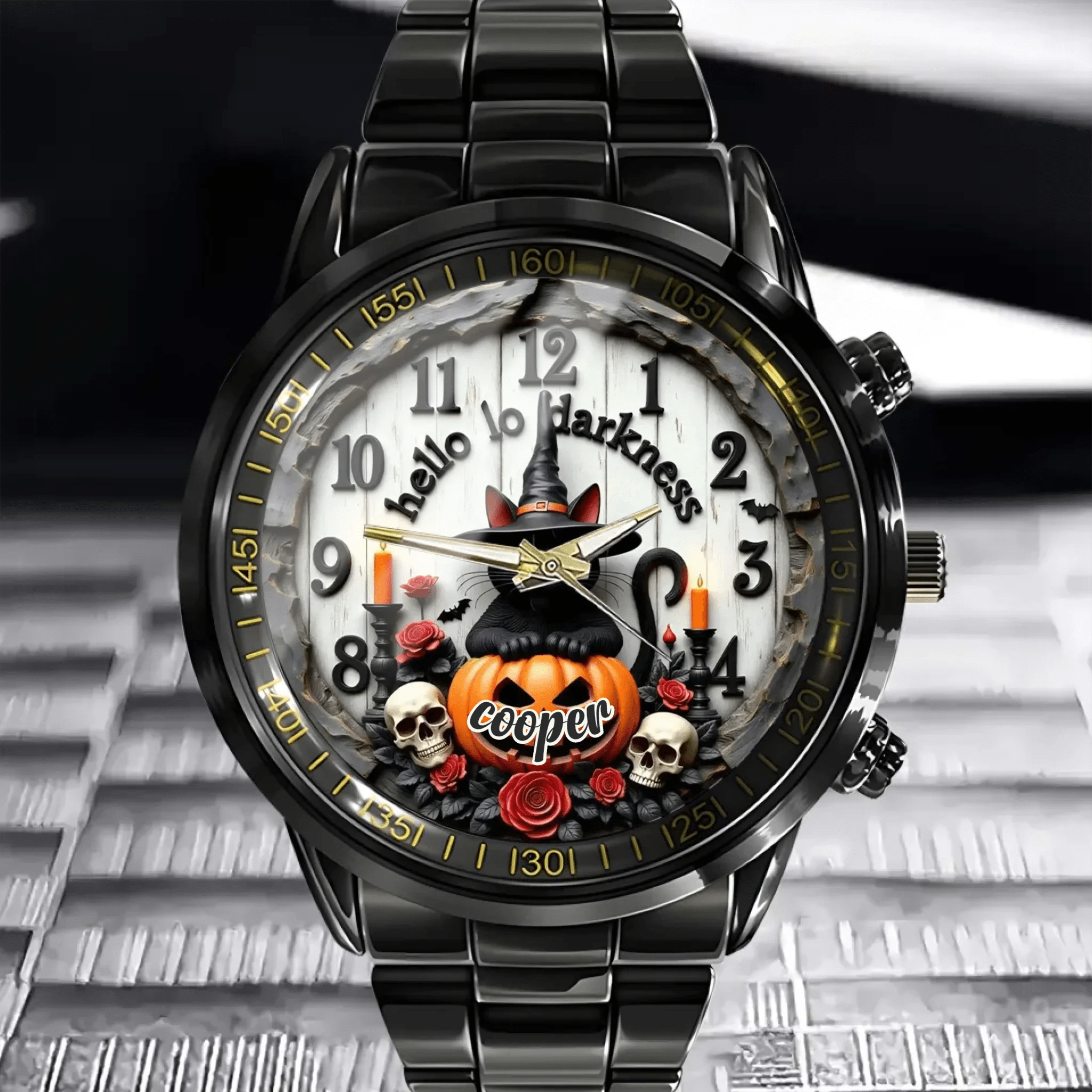 Black Cat Pumpkin Halloween Custom Watch - Personalized Name - Halloween Gifts - OLESA