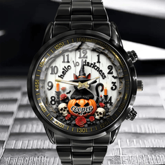 Black Cat Pumpkin Halloween Custom Watch - Personalized Name - Halloween Gifts - OLESA