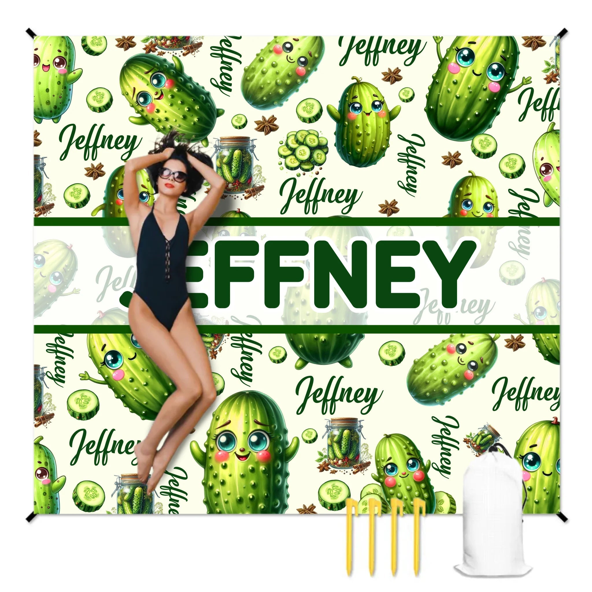 Cartoon Cucumber Pattern Beach Mat - Personalized Name Green and Fresh Style Beach Mat - Beach Fashion Item - OLESA