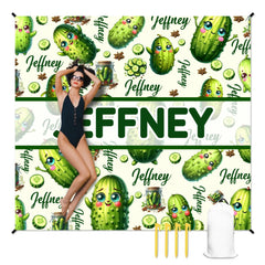 Cartoon Cucumber Pattern Beach Mat - Personalized Name Green and Fresh Style Beach Mat - Beach Fashion Item - OLESA
