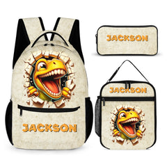 Cartoon Dinosaur Bursts Through Hole Custom Backpack - Personalized Name - OLESA