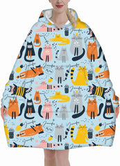 Cat Pattern Customized Blanket Hoodie - Personalized Name Cartoon Comfort Pajamas - A Gift For Yourself,Friend,Family,Cat Lovers - OLESA
