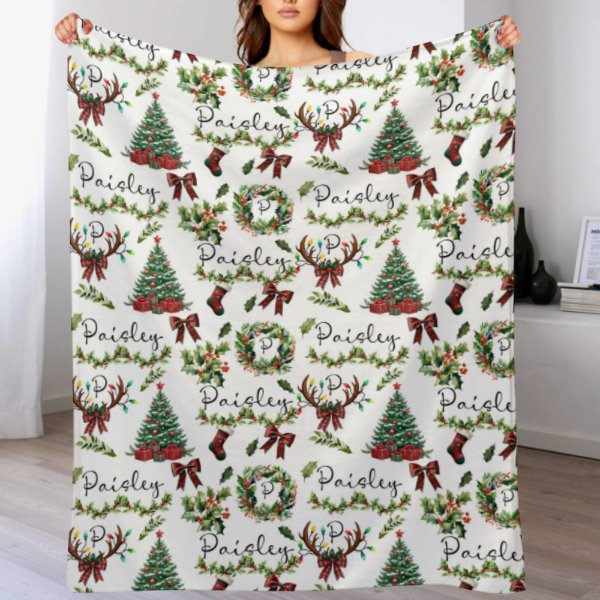 Christmas Wreath Customized Baby Blanket - Personalized Name Christmas Wishes Warm Flannel Blanket - Christmas Gift For Baby,Child - OLESA