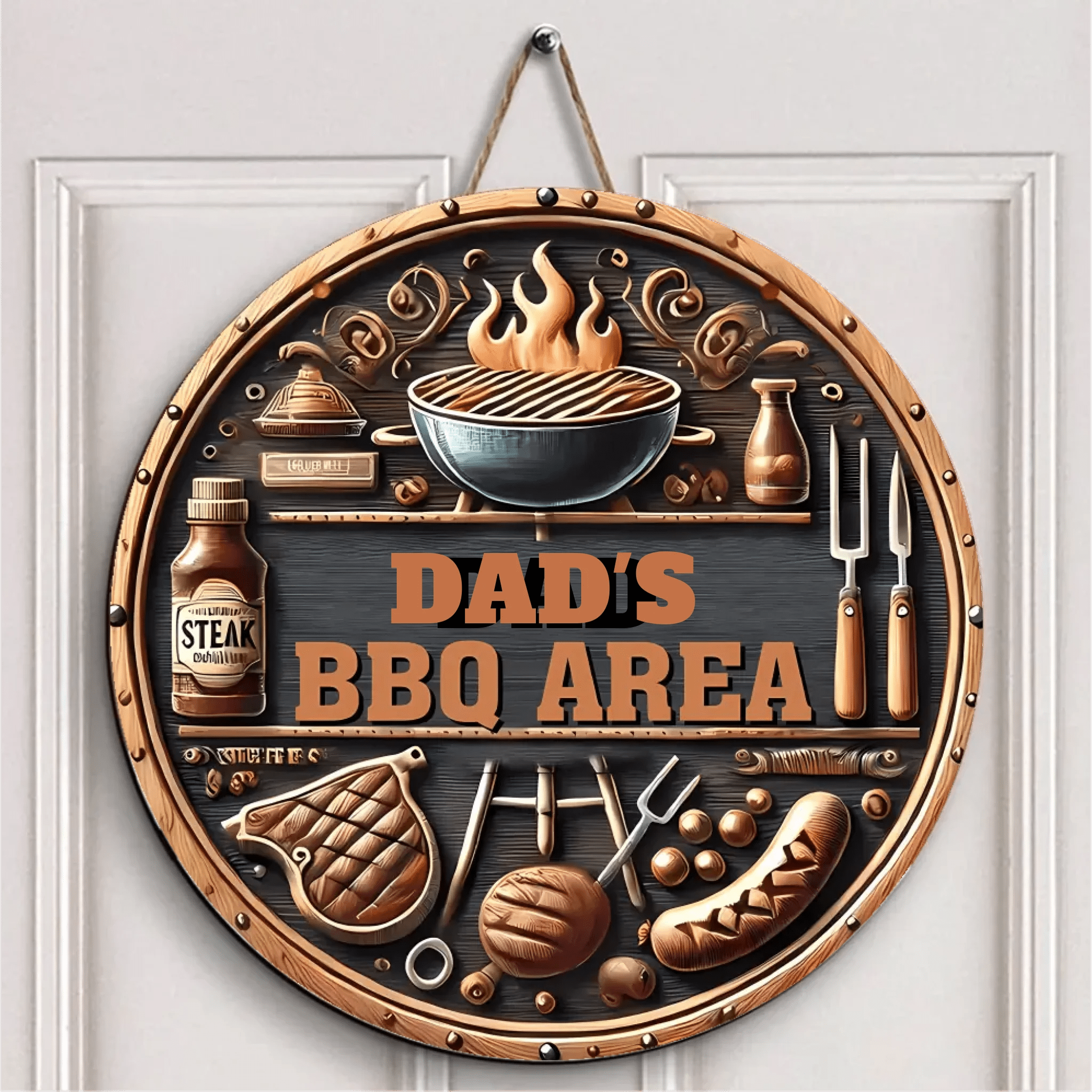 Custom BBQ Themed Wooden Door Signs - Personalised Name BBQ Pattern Round Wooden Signs - A Gift For Friend,Family,BFF,Barbecue Enthusiasts - OLESA