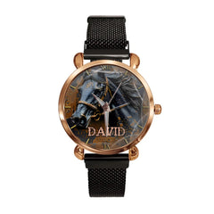 Custom Black Horse Dial Watch - Personalised Name Black BMW Image Printed Watch - Gift for Friend,Family,Dad,Horse Lover - OLESA