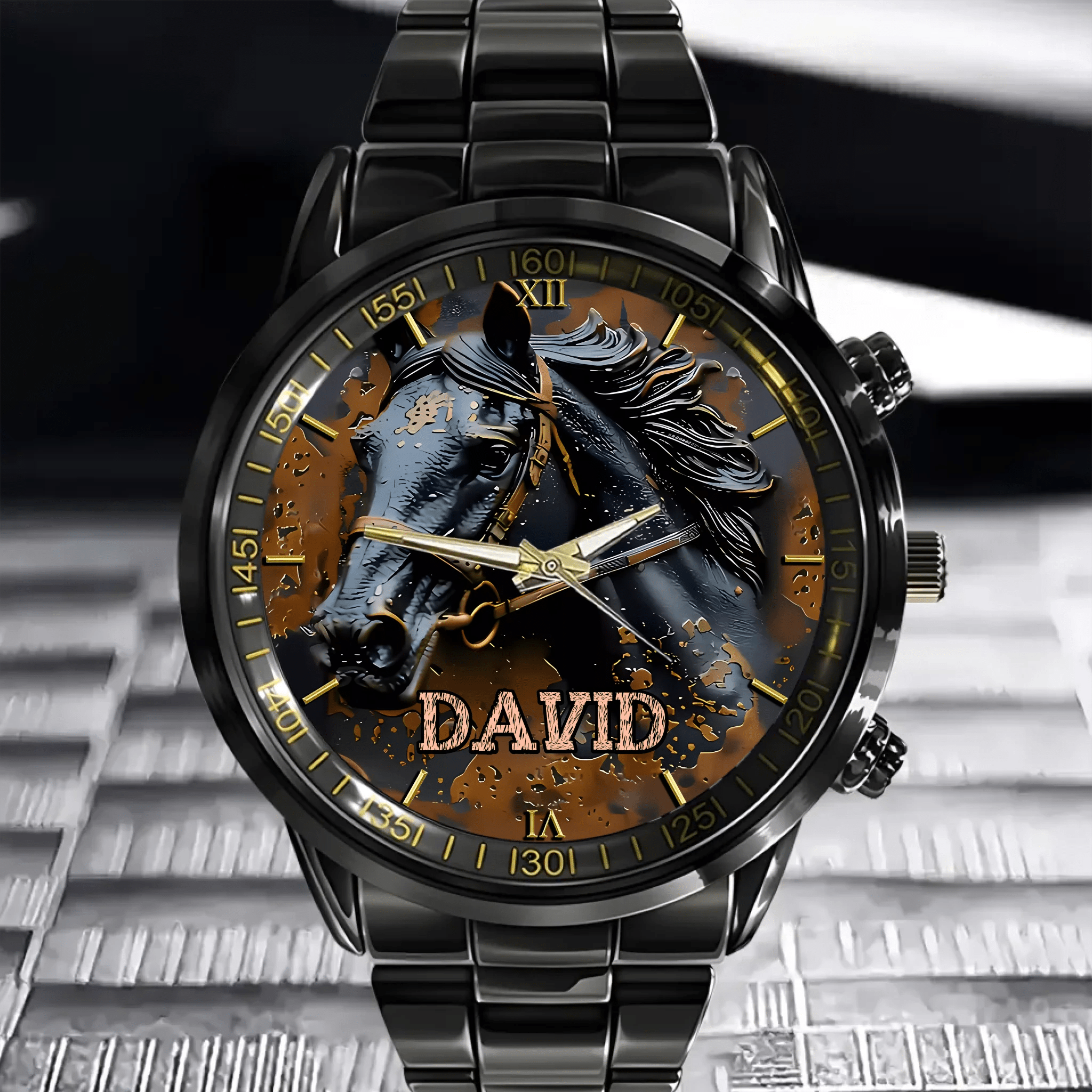 Custom Black Horse Dial Watch - Personalised Name Black BMW Image Printed Watch - Gift for Friend,Family,Dad,Horse Lover - OLESA