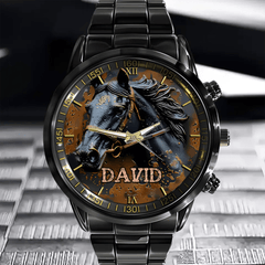 Custom Black Horse Dial Watch - Personalised Name Black BMW Image Printed Watch - Gift for Friend,Family,Dad,Horse Lover - OLESA