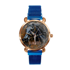 Custom Black Horse Dial Watch - Personalised Name Black BMW Image Printed Watch - Gift for Friend,Family,Dad,Horse Lover - OLESA