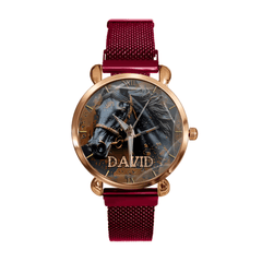 Custom Black Horse Dial Watch - Personalised Name Black BMW Image Printed Watch - Gift for Friend,Family,Dad,Horse Lover - OLESA