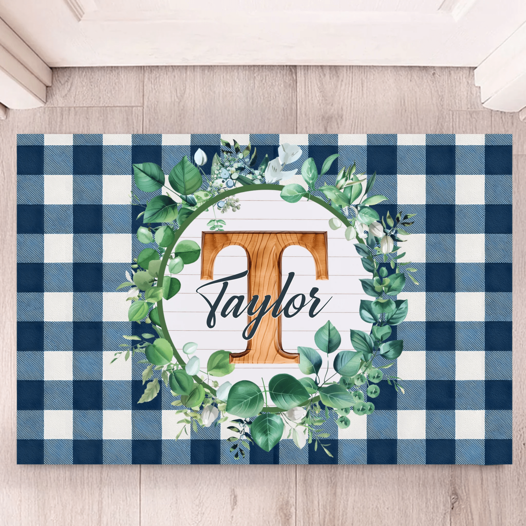 Custom Blue Plaid Floral Initial Doormat - Personalized Name Mat - Gift for Home, Family & Friends - OLESA