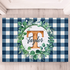 Custom Blue Plaid Floral Initial Doormat - Personalized Name Mat - Gift for Home, Family & Friends - OLESA