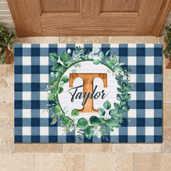 Custom Blue Plaid Floral Initial Doormat - Personalized Name Mat - Gift for Home, Family & Friends - OLESA