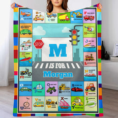 Custom Car & Truck Alphabet Blanket - Personalized Kids Learning Blanket - Gift for Toddlers and Children - OLESA