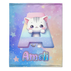 Custom Cat Blanket with Name - Personalized Kids Initial Throw - Gift for Daughter Son Birthday - OLESA