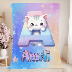 Custom Cat Blanket with Name - Personalized Kids Initial Throw - Gift for Daughter Son Birthday - OLESA