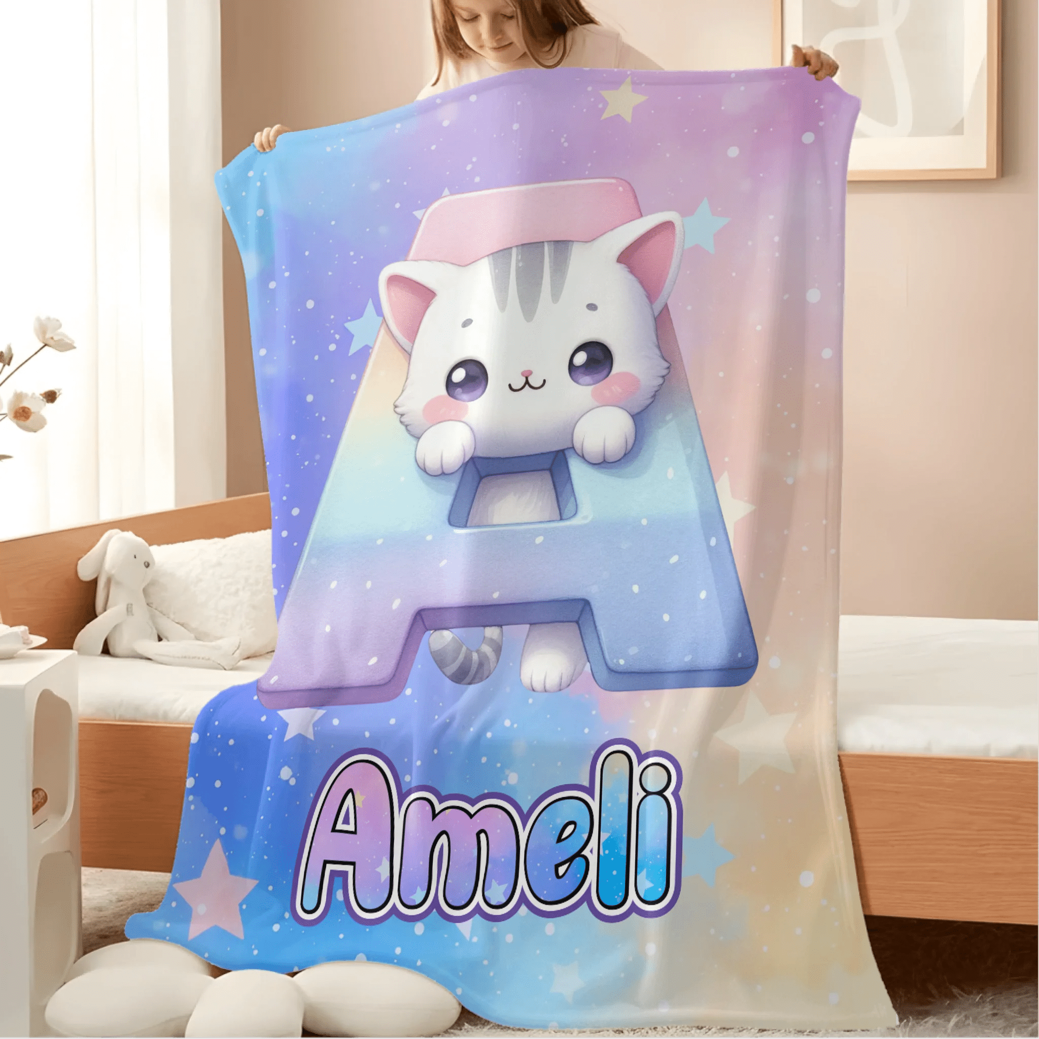 Custom Cat Blanket with Name - Personalized Kids Initial Throw - Gift for Daughter Son Birthday - OLESA