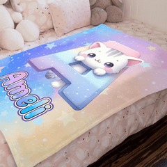 Custom Cat Blanket with Name - Personalized Kids Initial Throw - Gift for Daughter Son Birthday - OLESA