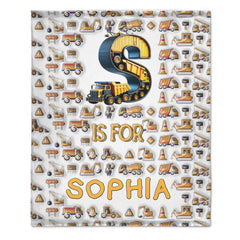 Custom Construction Truck Blanket - Personalized Excavator & Vehicle Alphabet Throw - Gift for Kids, Boys - OLESA