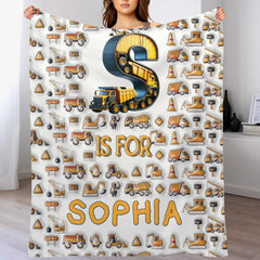Custom Construction Truck Blanket - Personalized Excavator & Vehicle Alphabet Throw - Gift for Kids, Boys - OLESA