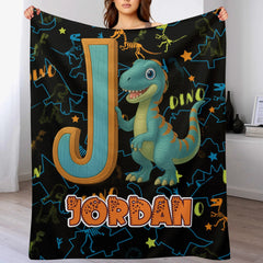 Custom Dinosaur Alphabet Blanket – Personalized Kids Name Initial Throw – Gift for Boys & Girls - OLESA