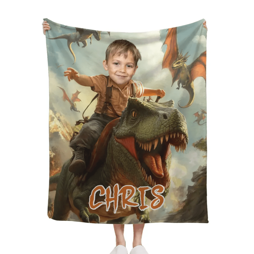 Custom Dinosaur Blankets Personalized Boy Riding Dinosaur Blanket - OLESA