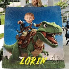 Custom Dinosaur Blankets Personalized Boy Riding Dinosaur Blanket - OLESA