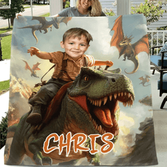 Custom Dinosaur Blankets Personalized Boy Riding Dinosaur Blanket - OLESA