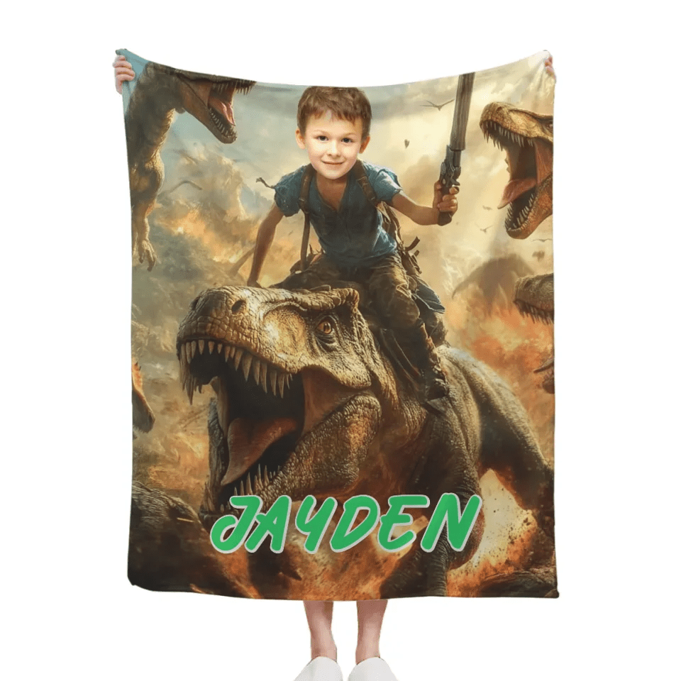 Custom Dinosaur Blankets Personalized Boy Riding Dinosaur Blanket - OLESA