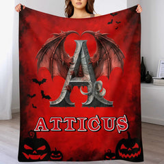 Custom Dragon Letter Blanket – Personalized Halloween Throw with Initial & Name – Gift for Boys & Girls - OLESA
