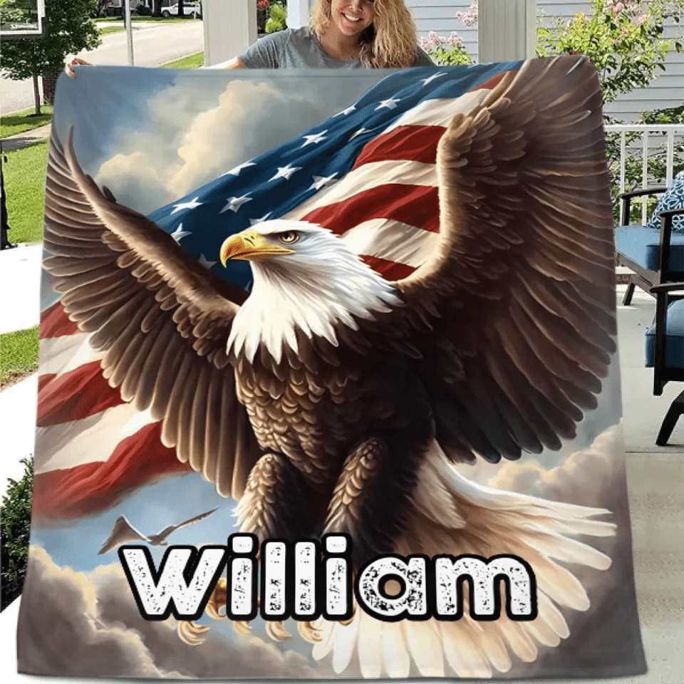 Custom Eagle Blanket - Personalized Name American Flag and Eagle in the Sky Blanket - A Gift For Bird Lover,Eagle Lover,Friend - OLESA