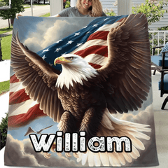 Custom Eagle Blanket - Personalized Name American Flag and Eagle in the Sky Blanket - A Gift For Bird Lover,Eagle Lover,Friend - OLESA