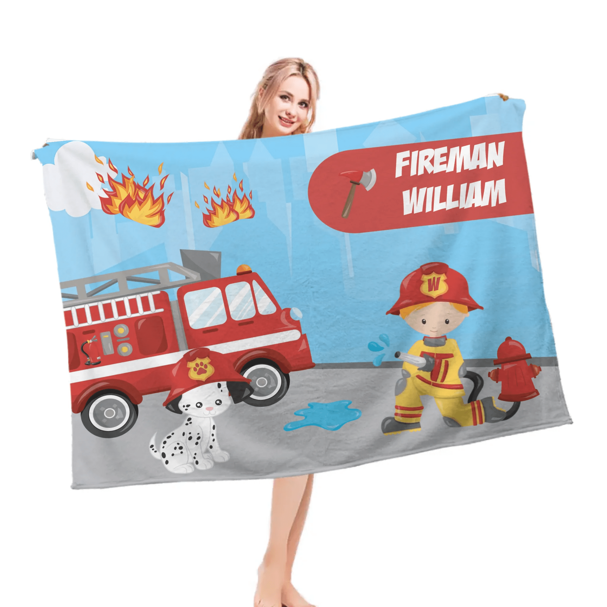 Custom Firefighter Theme Blanket – Personalized Fire Engine Name Throw – Birthday Gift for Kids - OLESA
