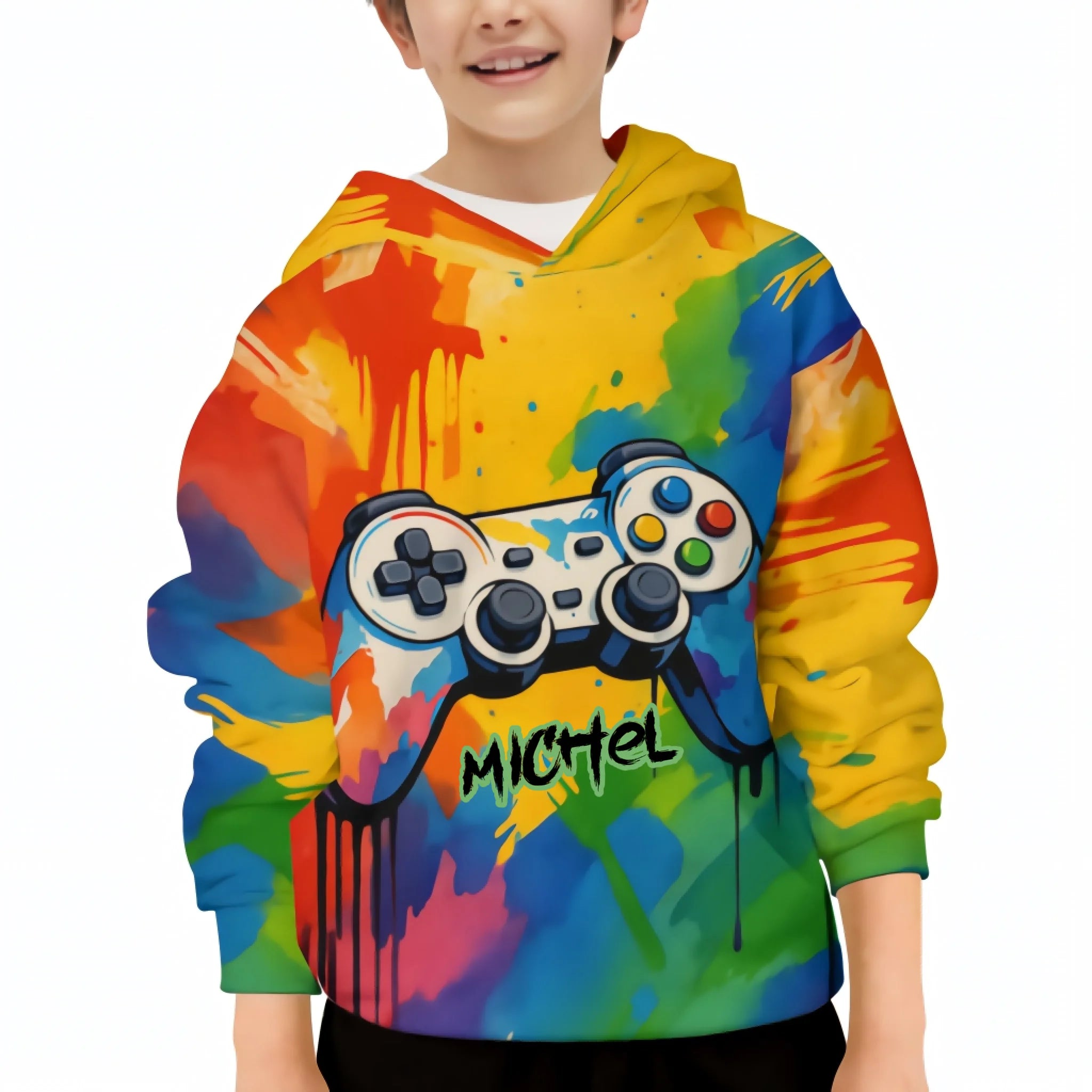 Custom Game Controller Hoodie – Personalized Splatter Art Gaming Sweatshirt – Gift for Kids & Teens - OLESA