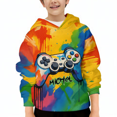 Custom Game Controller Hoodie – Personalized Splatter Art Gaming Sweatshirt – Gift for Kids & Teens - OLESA
