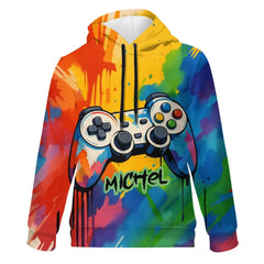 Custom Game Controller Hoodie – Personalized Splatter Art Gaming Sweatshirt – Gift for Kids & Teens - OLESA