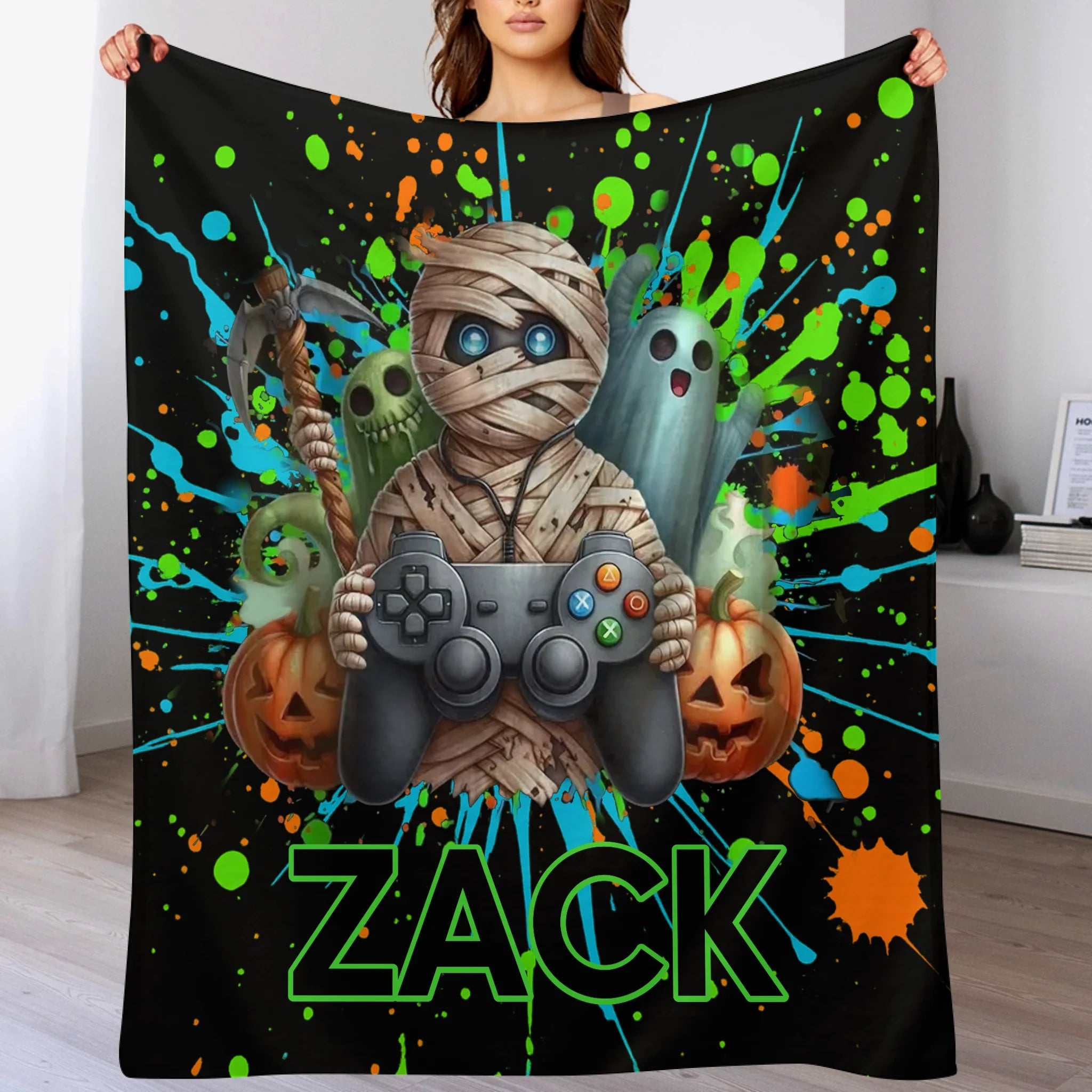 Custom Gamer Mummy Blanket - Personalized Halloween Gaming Throw Blanket - Gift for Teens - OLESA