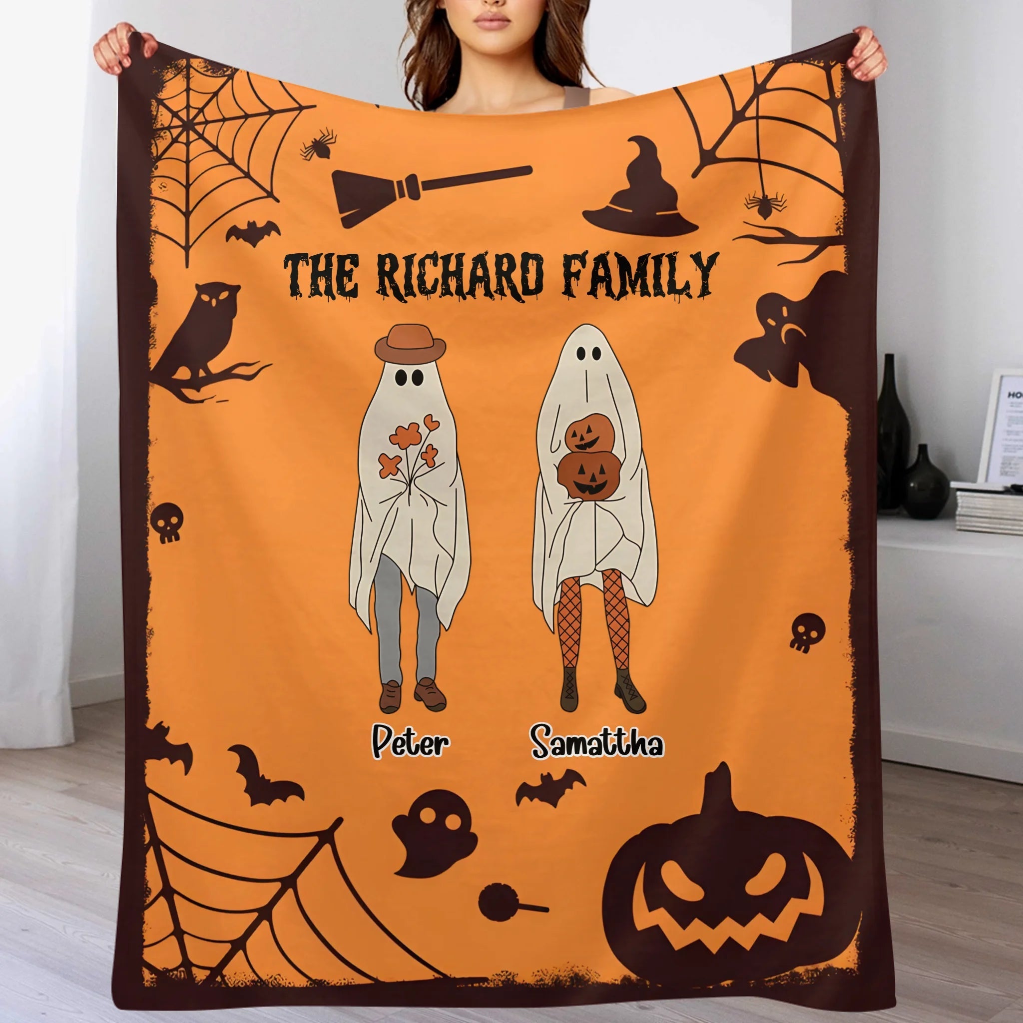 Custom Ghost Family Soft Warm Blanket - Personalized Ghost Patterns and Names - Halloween Home Decor Holiday Party Gift for Family - OLESA