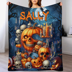 Custom Halloween Blanket – Personalized Pumpkin Skull Throw Blanket – Gift for Kids & Horror Lovers - OLESA