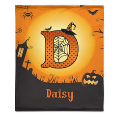 Custom Halloween Blanket – Personalized Spooky Throw Blanket with Initial & Name – Gift for Kids, Girls & Boys - OLESA