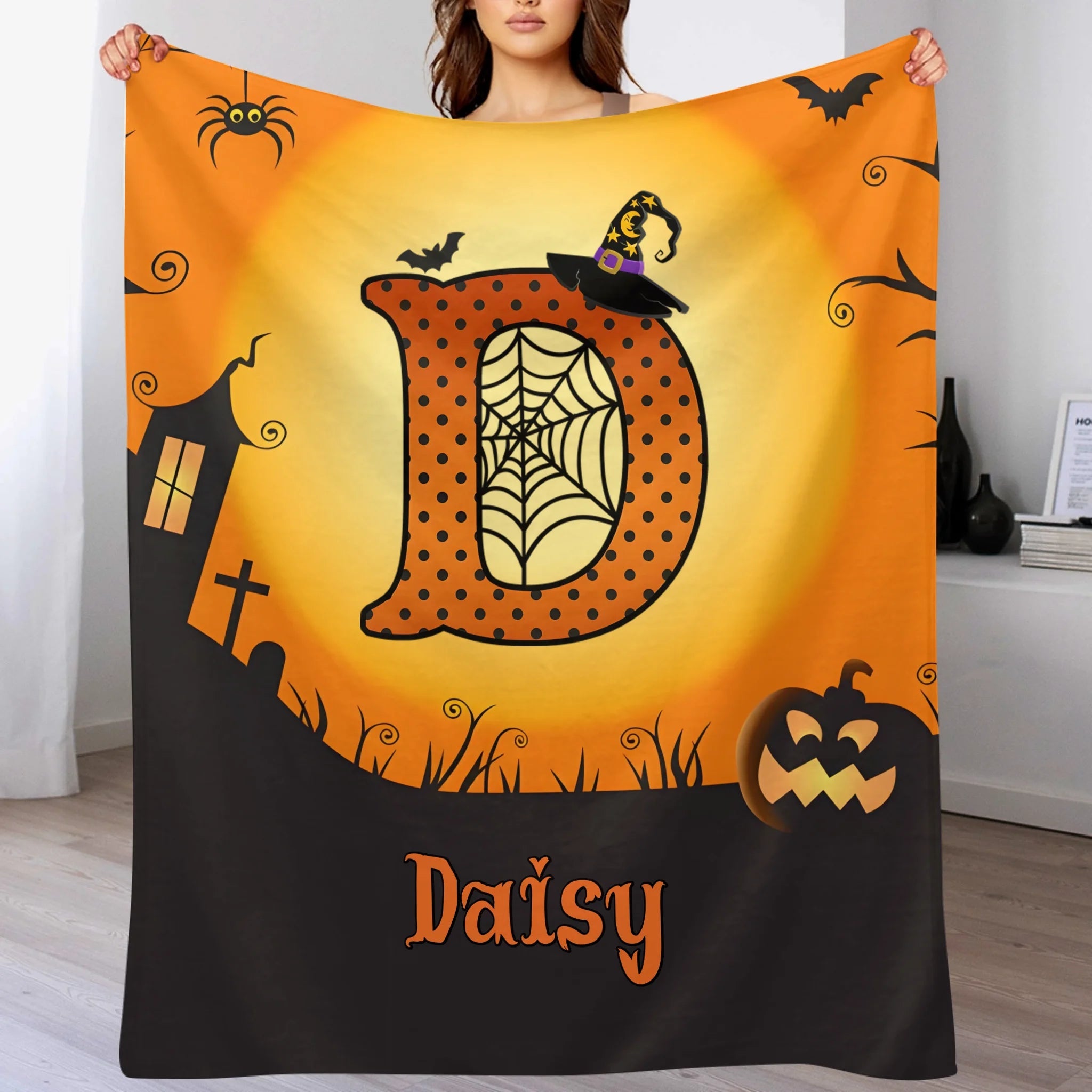 Custom Halloween Blanket – Personalized Spooky Throw Blanket with Initial & Name – Gift for Kids, Girls & Boys - OLESA